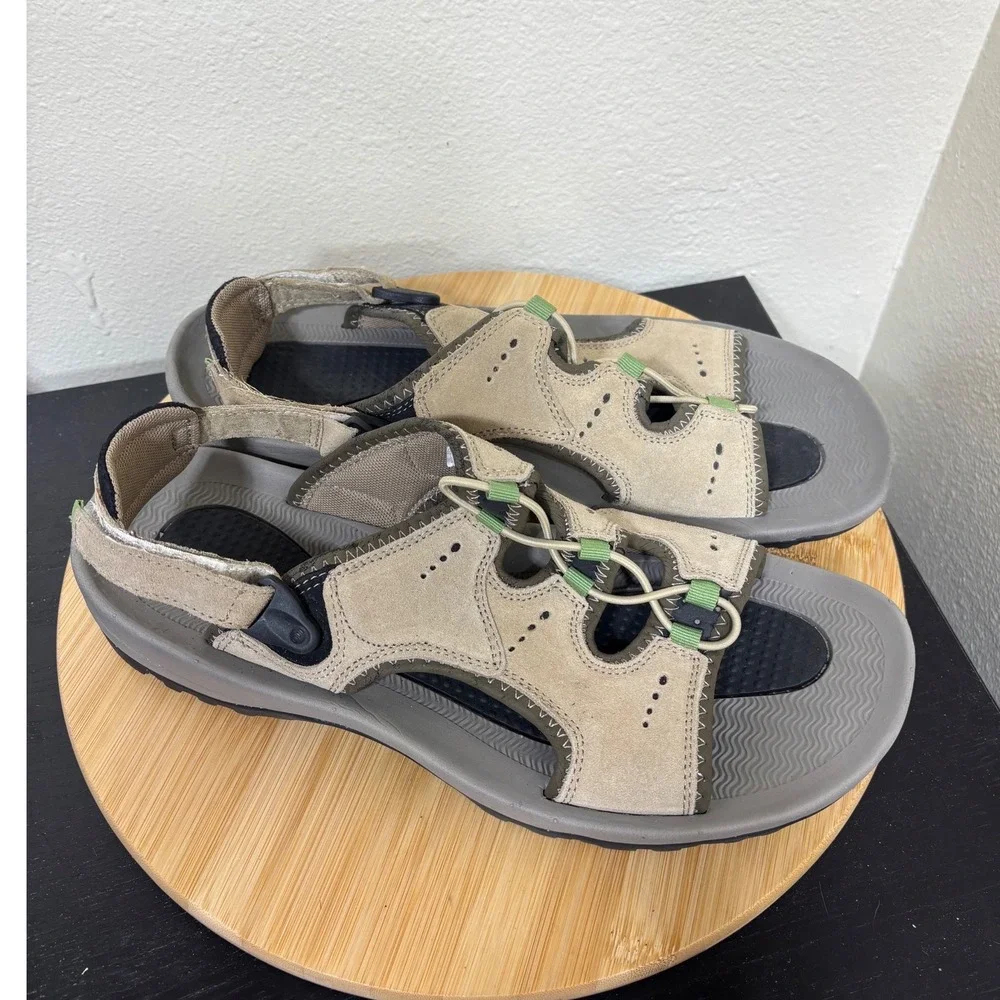 Lands End Sport Sandals 12D Suede Bungee Hiking Trail Tan Green Mens Shoes